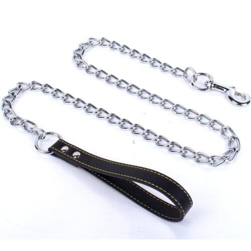 Pet Chain Leash PU Leather Handle Iron Chain Leads Anti-Bite Metal Dog Lead For Small Medium Large Dog