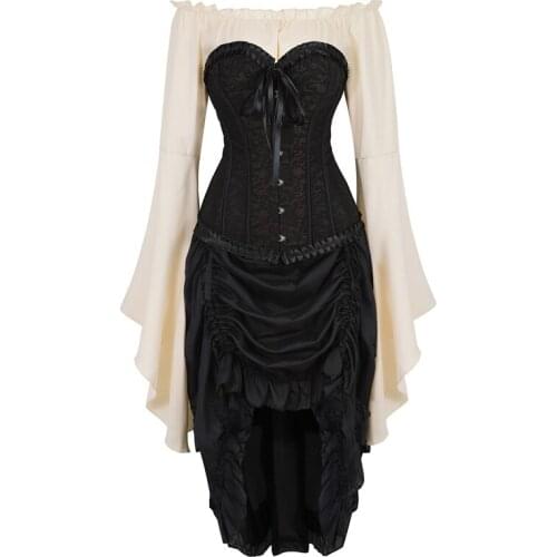 Sexy corset dress top shirt skirt 3-piece costume cosplay gothic steel bone corsets bustier plus size renaissance korsett black