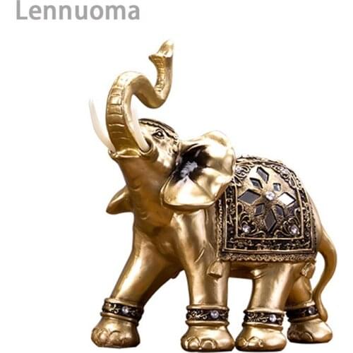 Lennuoma Golden Resin Elephant Statue Lucky Feng Shui Sculpture Decoration Lucky Figurine Crafts Ornaments Home Decor Office