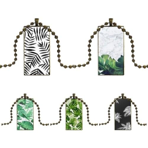 Glass Pendant Necklace Handmade Half Pendant Rectangle Necklace For Women High Quality Girls Plants Banana Tree Leaves