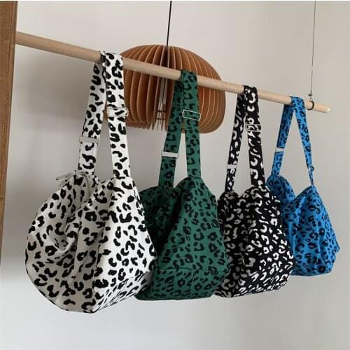 Leopard Shoulder Bags Large Capacity Canvas Purse Lazy Style Ins Tote Bag Denim Plaid Female Schoolgirl Handbag
