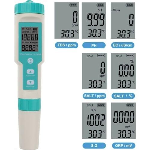 Water Quality Tester for Hydroponics Aquariums 7 in 1 PH Meter TDS ORP Detector S.G Measure Salinity Test Pen Temp EC Monitor