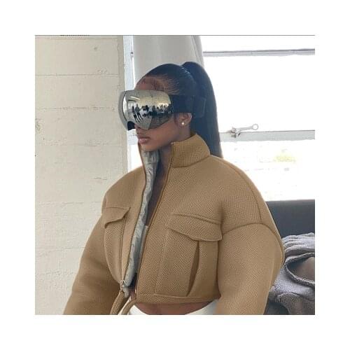 Streetwear Clothes Winter Woman Bomber Jacket Coat Women Trend Turtleneck Zipper Pocket Crop Jacket Solid Slim Drawstring Female