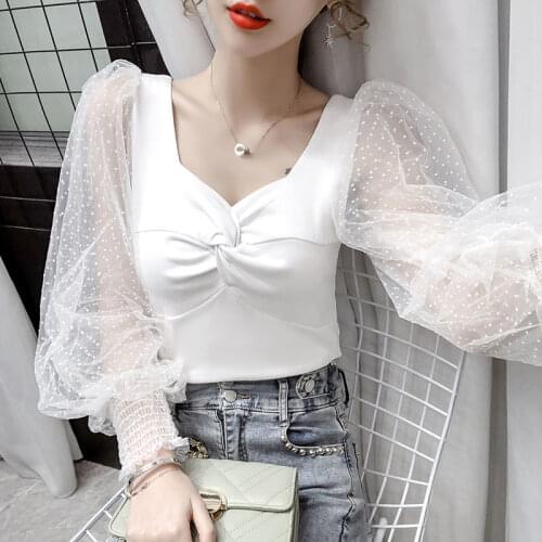 Spring and Autumn 2021 New Lantern Sleeve Square Neck Polka Dot Mesh Top Long Sleeve T-shirt