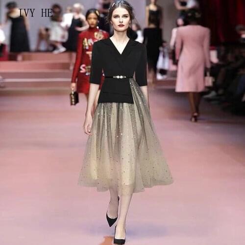 IVY HE High Quality Early Autumn Dress Woman Clothing Meticulous Mesh Belt With Beads Midi Long Dress ZAfu Party Vintage Dresses