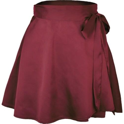 Women Summer High Waist Chiffon Satin Wrap Pleated Mini Skirt Tie Side Solid Color Flared Asymmetrical Hem A-Line Casual
