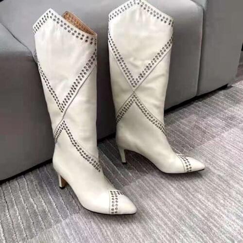 Womens Shoes Paris Lahia Eyelet Embellished Calf-high Boots White Genuine Leather