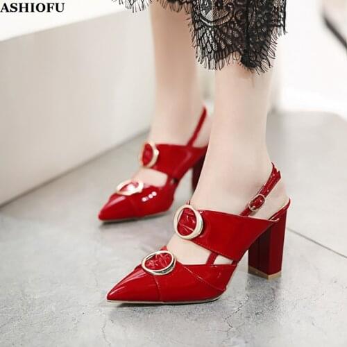 ASHIOFU Handmade Ladies 8.5cm Chunky Heel Pumps Metal-Cyrcles Pointy Party Dress Shoes Block Heel Fashion Evening Court Shoes