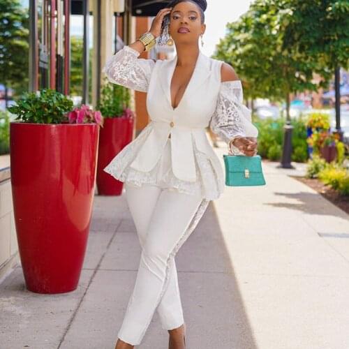 Lace Patchwork Two Piece Set Women Matching Sets Elegant Office Work Wear Club Outfits Ruffles Hem Top Pencil Pant Suits Uniform