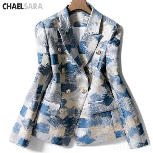 Fashion Runway Designing Women Notched Double Breasted Plaid Graffiti Printing Autumn Casual Blazer Jacket