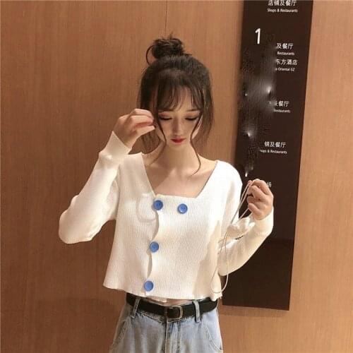 2021Square collarKnitted Jacket Long Sleeve Girl Spring and AutumCropped Cardigan Slim Women Student Korean versionClothing