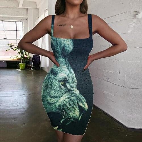 Giyu Brand Lion Dresses Women Animal 3d Print Anime Bodycon Dress Green Halter Sleeveless Ferocious Vestido Sexy Womens Clothing