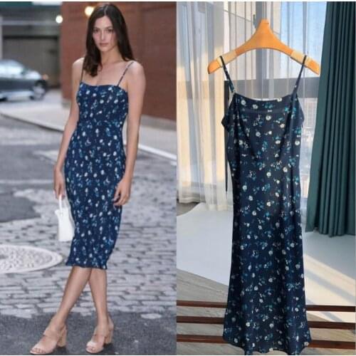 Women Dress 2021 Spring and Summer New Ladies Blue Jasmine Print Mid-length Silk Sling Dress