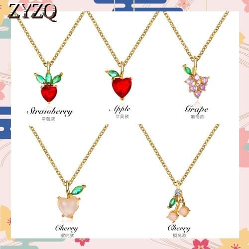 ZYZQ Sweet Cherry Crystal O-Chain Pendant Necklace For Women Metal Copper Grape Clavicle Chain Cute Birthday Gift