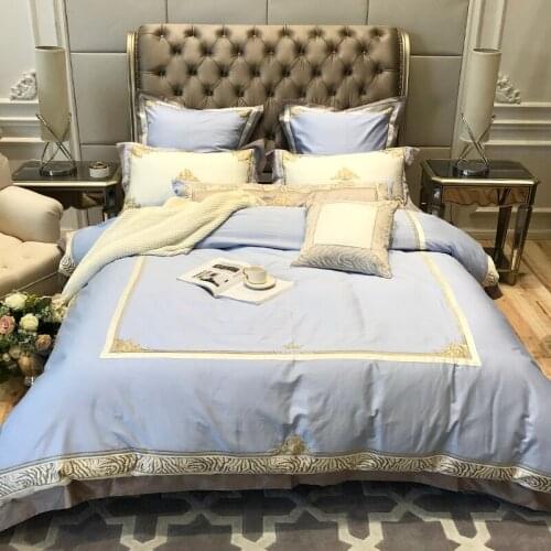 Luxury blue Embroidered 120S Egyeptian cotton Royal Bedding sets Queen King Wedding Duvet cover Bed sheet set Pillowcases 4pcs