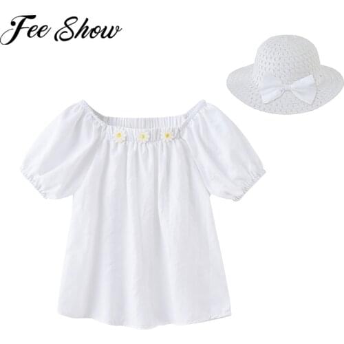 Girls T Shirts Summer Baby Girl Clothes Cute Short Sleeves Cotton Kids Tops Flower T-shirt With Bow Hat Sets Holiday Beach Wear