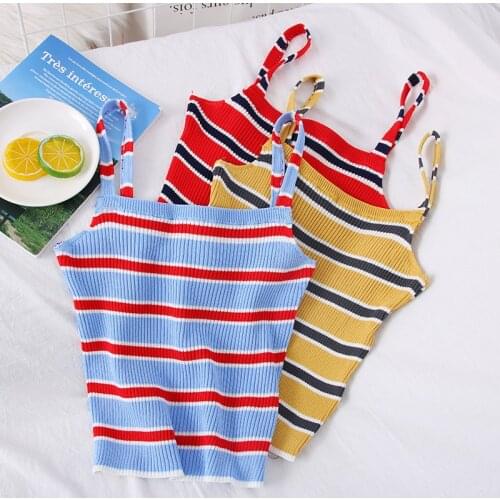 OUMEA Knitted Striped Cami Women Sleeveless Spaghetti Striped Tops Summer Korean Style Casual Rainbow Striped Cropped Camisole