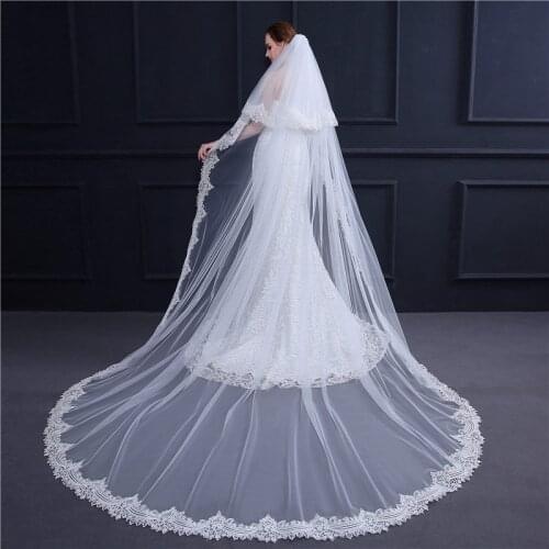 3.8 Meters Long Fashion Bridal White Cathedral Veil Exquisite Lace Big Tail Wedding Veil Marry Veilw with Comb Accessories