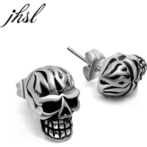 JHSL Punk Skull Skeleton Stud Earrings for Men Male Stainless Steel High Polishing Good Quality Unique Design Fashion Jewelry