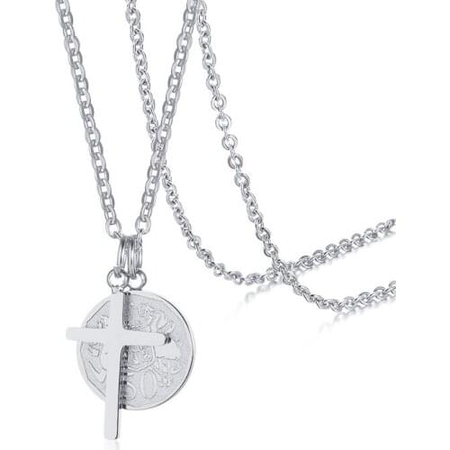 Stainless Steel Elizabeth Cross Necklace for Women Coin Pendant Charm Party Jewelry