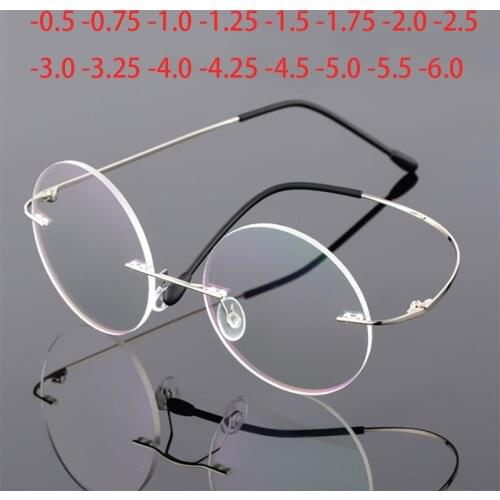 Women Ultra-light Titanium Rimless Round Myopia Eyeglasses Optical Glasses Men Eyewear -0.5 -0.75 -1.0 -1.5 -2.0 -2.5 To -5.0