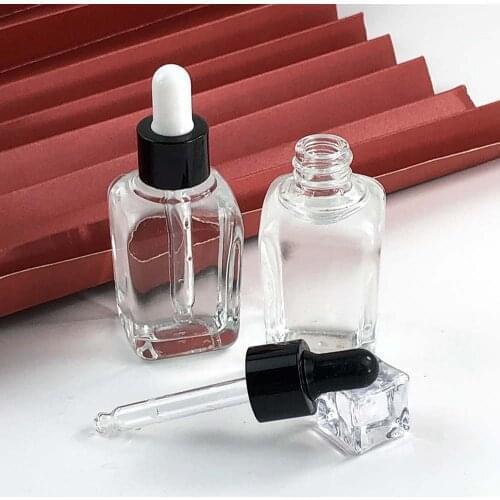 Empty Glass 25ml Clear Dropper Square Bbottle with Black Lid