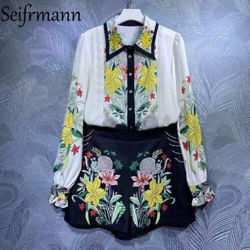 Seifrmann New 2021 Autumn Women Fashion Designer Shorts Set Flare Sleeve Loose Blouses + High Waist Printed Ladies Shorts Suits