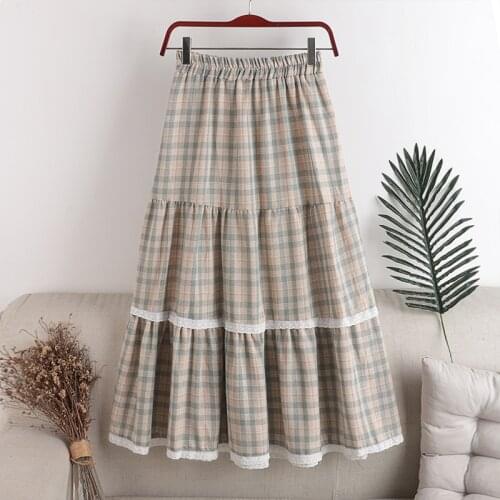 2020 New Womens Plaid stitching lace Skirt High Elastic Waist A-line Autumn Winter Warm Flare Long Ankle Skirt hot Free Shipping