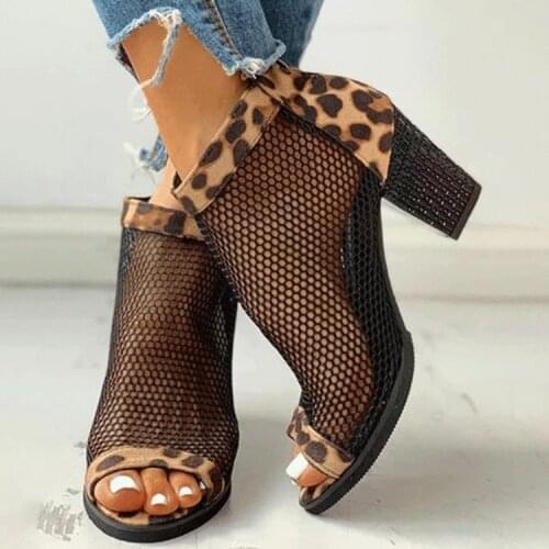 Women Boots Mesh Suede Ankle Boots Lace Summer Boots Zapatos Chaussures Femme Zipper Square High Heel Leopard Women Shoes