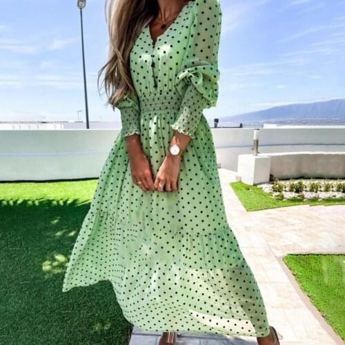 Women Long Sleeve Polka Dot Printing Slim Skin-friendly Summer Beach Soft Dress for Daily Wear