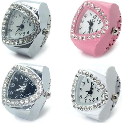 15pcs/lot Rhinestone Finger Watch Rings Creative Clock Round Elastic Quartz Finger Ring Watch Women Students Gift Wholesale