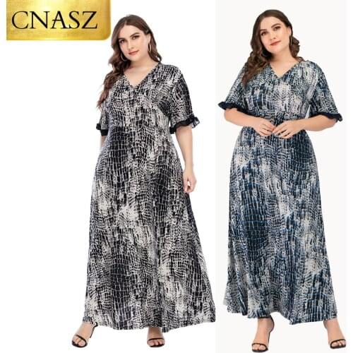 2020 Summer New V-Neck Short Sleeve Dress Womens Printed Long Skirt Floral Dress Plus Size Women Ladies Elegant Clothing