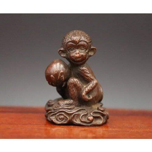 4.5 CM red Copper Chinese Zodiac Animal lucky Monkey hold Fresh peach sculpture