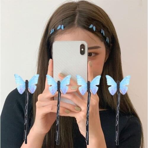 4Pcs/Set Korean Women Girls Blue Butterfly Hair Clips Bobby Pins Sweet Romantic Simple Metal Barrettes Hairpins Wedding Holiday