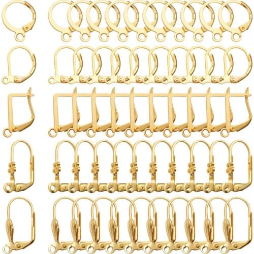 50pcs Gold French Earring Hooks Leverback Earwires Brass Hypoallergenic Ear Hooks with Open Loop for Jewelry Making, 5 styles