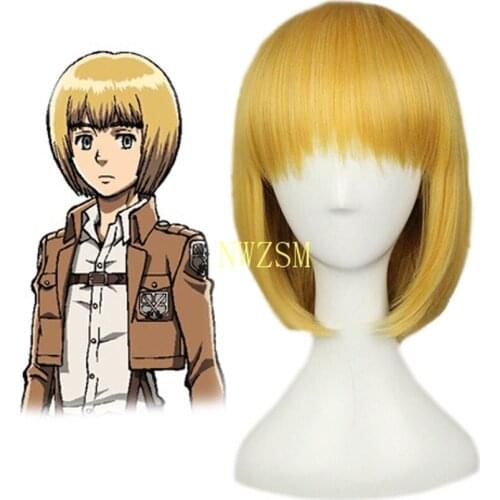 Attack On Titan Armin Arlert Short Silky Straight Boys Shaggy Layered Yellow Bob Synthetic Cosplay Wig+ Wig Cap
