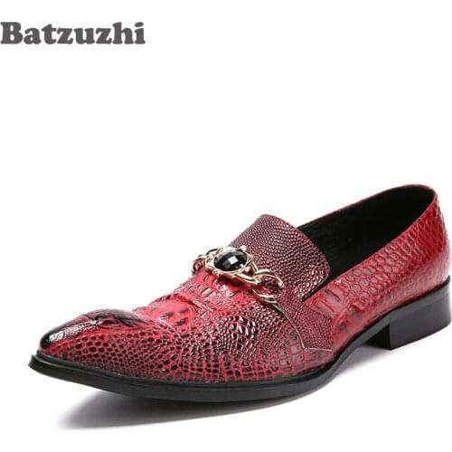 Batzuzhi Leather Dress Shoes Men Pointed Toe Italian Style Fashion Mens Leather Shoes Wine Red Crocodile Skin Pattern, EU38-46