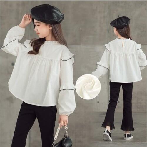 White Girls Long Sleeved T-shirts 2021 Spring Kids Ruffles Tops Korea Fashion Girls Clothes Teen Clothing 6 8 10 12 Year