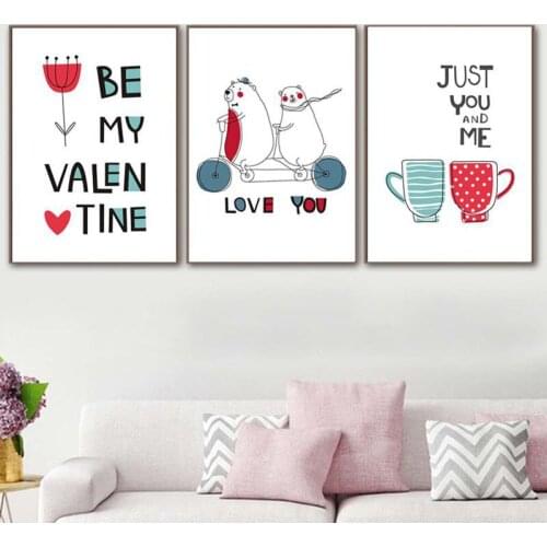 Valentines Day Cartoon Animals Bear Red And Blue Cups Words Canvas Nordic Painting Wall Pictures Posters Living Room Decoration