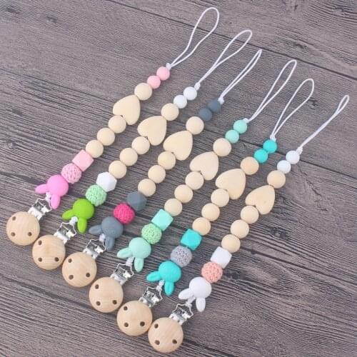 Wooden Baby Pacifier Clip Chains Infant Toddler Crochet Beads Silicone Beads Pacifier Holder Toy Leash Strap