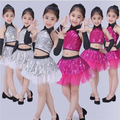 Children Sequin Jazz Dance Modern Dance Costumes Latin Waltz Dancing Dress Stage Show Dresses Jazz Costumes For Girls