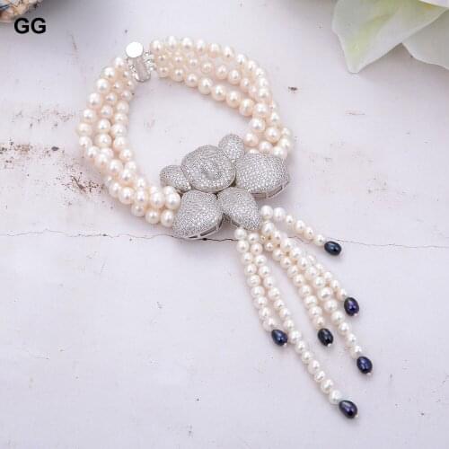 GuaiGuai Jewelry 8" 3 Strands Pearl Bracelet CZ Flower Connector For Women