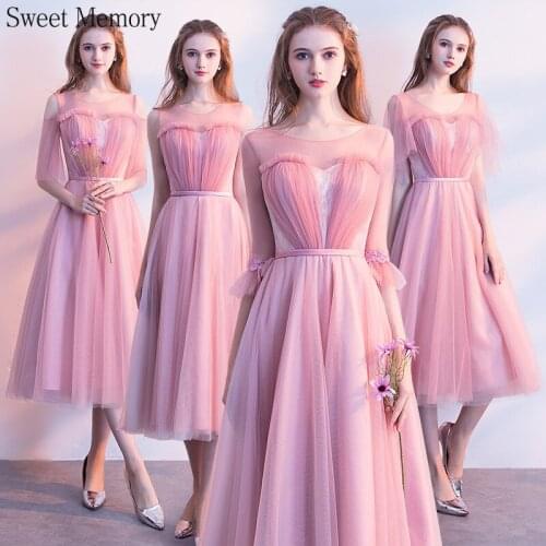 J794 Lady Pink Bridesmaid Dress Prom Illusion Lace Up Half Sleeve Tea-Length Graduation Vestido Bride Wedding Party Dresses