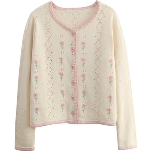 Lamtrip Unique Handmade Flowers Embroidery Kawaii Cardigan Knitted Sweater 2021 Autumn Winter