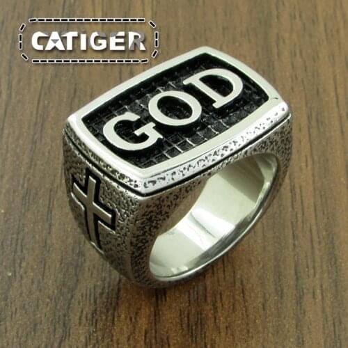 Free Shipping Vintage Silver Color GOD Ring 316L Stainless Steel Women Mens Letter Retro Cross Jesus Rings Jewelry