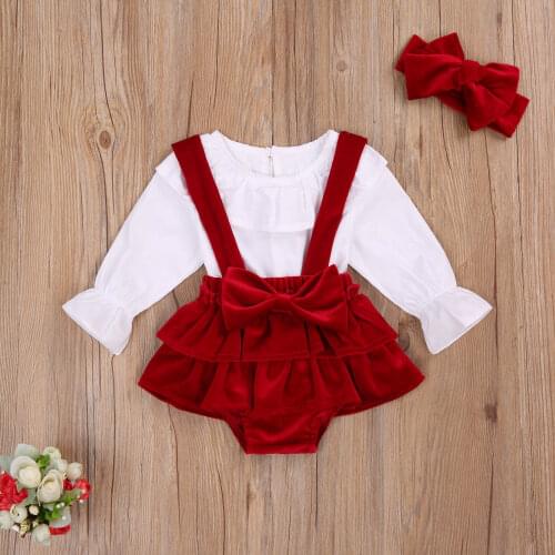 Baby Girls New Clothes Set 3pcs Peter Pan Collar Flare Long Sleeve T Shirts Solid Velvet Bow Bib Shorts Christmas Princess
