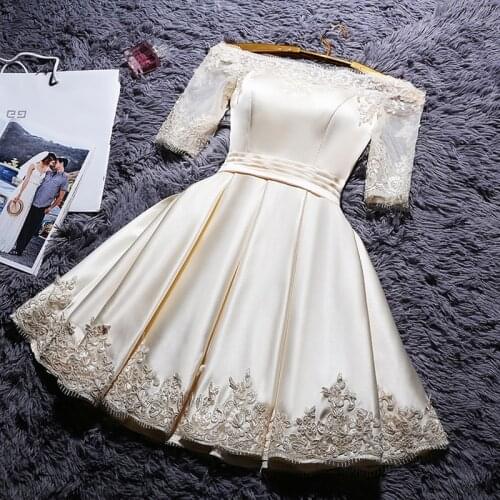 DongCMY Short 2020 Champange Color Prom Dresses Elegant Vestidos Party Satin Half sleeve Gown