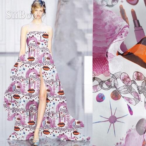 Lovey pink jewelry lip print 100% natural silk chiffon fabric for beach dress white silk tissu tecidos stoffen fabrc 6mm SP5208