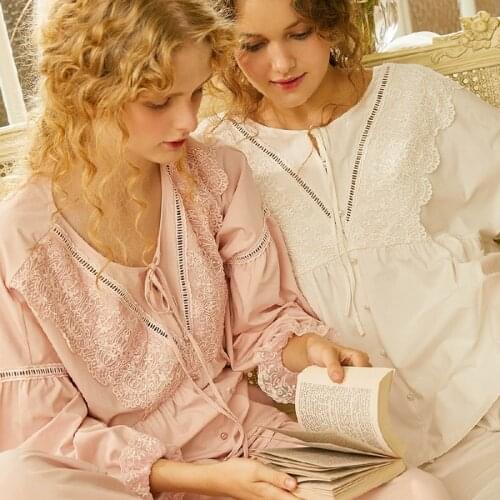Fashion White Soft Cotton Womens Long Sleeve Pajamas Sets Pink/White Lace Vintage Sleepwear Sweet Nightsuits Home Wear