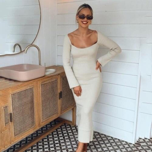 Ardm Sexy Square Neck Knitted Bodycon Maxi Dress Long Sleeve Slim Korean Fashion Sweater Black Long Dress Women 2021